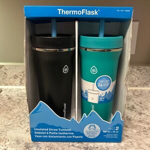 ThermoFlask Insulated Straw Tumbler 2-Pack 32oz Black Teal Stainless Steel New‎